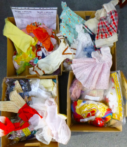 Lot 105 - 4 x Boxes of Mostly Vintage Dolls Clothing, pretty dresses, coats, hat