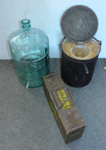 Lot 107 - Mixed group vintage items Wooden ammo cartridge box, Metal bucket with