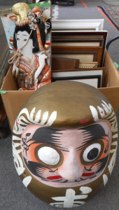 Lot 114 - Box lot Framed Oriental pictures, paper mache figure, Colour sands, et