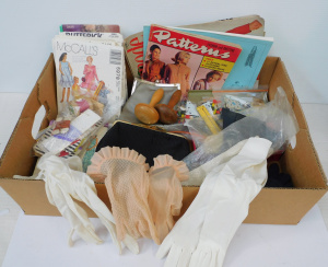 Lot 132 - Box lot of vintage ladies items in Dressmaking patterns Buttons, beads