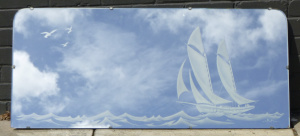 Lot 136 - 1950s Large Oblong Mirror - Frosted sailing boat, waves & seagulls