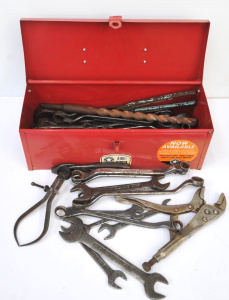 Lot 156 - Metal Toolbox w Sidchrome Spanners & Other Tools incl Drill Bits,
