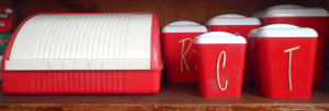 Lot 174 - Set of Gayware Red Plastic Kitchen Cannisters, plus Retro Moldex Red B