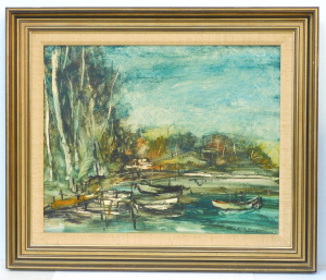 Lot 176 - John Latham Waterhouse (1933 - 2011) Large framed Oil Painting - Harbo