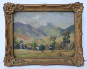 Lot 187 - Violet McInnes (1892 - 1971) Small Gilt Framed Oil painting - 'Blue Hi