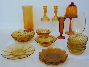 Lot 198 - Group lot of Vintage Amber Glass inc Pair of Candlesticks 13cm H, Tiar