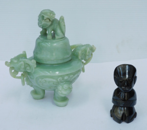 Lot 210 - 2 pces Carved oriental items inc Obsidian Stone figure 11 5cm H &