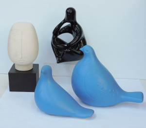 Lot 234 - Group lot - Modernist Ceramics - stylised Bust on Stand, 2 x Blue glaz