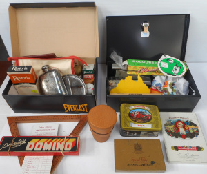 Lot 242 - 2 x Boxes Games, Mens Grooming items, Hip flask, Anodised cups, Office