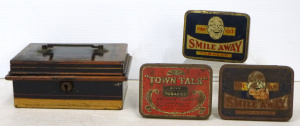 Lot 246 - Group Lot Vintage Tins & Cash Box - incl 2 x Smile Away Tobacco Ti