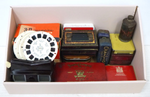 Lot 250 - Box Lot Vintage Items - incl Tins, Reels, View-Masters, Bakelite, etc