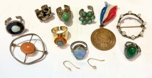 Lot 274 - Group - 9 x silver rings, opal, turq, etc pearl brooch, 1953 City of B