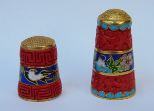 Lot 275 - 2 Vintage Japanese Cloisonne & Cinnabar Thimbles - Taller with Flo