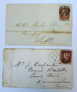 Lot 280 - 2 x vintage English Penny Red Stamps on Envelopes - c1843 Unperforated