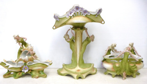 Lot 328 - Vintage German Art Nouveau Garniture Set - Light Green Coloured Porcel