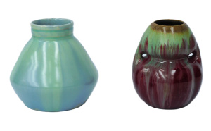 Lot 342 - 2 pces Vintage European Art Pottery - Candy Ware Green & Blue vase