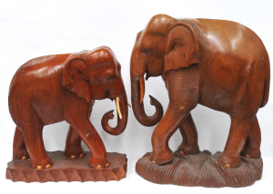Lot 3 - 2 x Carved Wooden Elephants on Bases - Largest is Approx 62cm H , The Ot