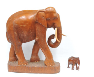 Lot 6 - Large Carved Wooden Elephant & Another Smaller Carved Wooden Elephan