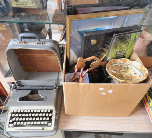 Lot 14 - Group Lot Mixed Vintage Items - incl Portable Monarch Typewriter, Frame