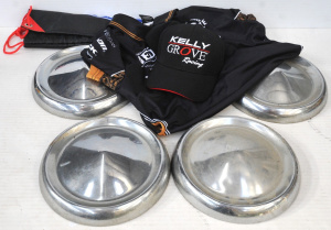 Lot 18 - 4 x Vintage Full Moon Disc Hubcaps & Modern V8 Motor racing Apparel