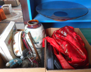 Lot 28 - 2 x boxes plus mixed items, incl large glass shallow bowl, Binoculars,