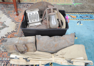 Lot 36 - Box lot + mixed Metal & other items - old Hurricane Lanterns, Cast