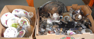 Lot 39 - 2 x Boxes Mixed items, incl Ceramics, metalware, glasses, souvenir fork