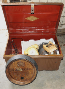 Lot 69 - Vintage Tin Trunk w Contents incl Telephones, EPNS Items, Heineken Wall