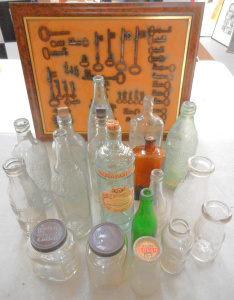 Lot 87 - Group lot Framed collection of old Keys & Vintage Bottles, incl Mil