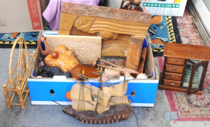 Lot 91 - Box lot of Assorted Wooden Items incl Sailboat Lamp, Assorted Carved Fi