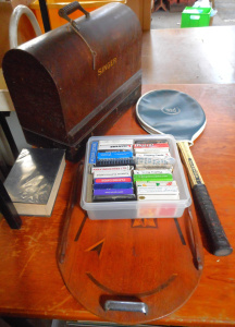 Lot 93 - Mixed Group lot, incl Singer Sewing Machine, Vintage Tennis racket, box