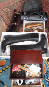 Lot 98 - Group lot Ladies Accessories, incl Boots, Shoes, Handbags, Sewing Kit