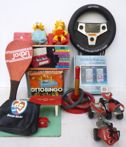 Lot 109 - Box Lot of Kids Vintage Toys inc, Portable Organ, Lotto Bingo, Wooden