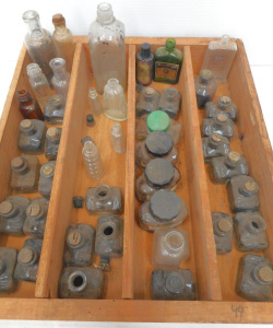 Lot 111 - Vintage Glass Bottles in wooden Box, incl ink bottles, Perfume bottles