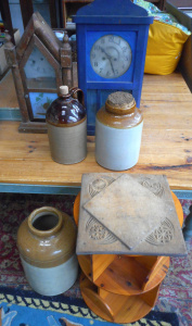 Lot 117 - Group lot, incl Stoneware Crocks, Vintage Clocks AF, Chip-carved Cutti