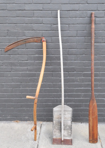Lot 126 - 3 x Vintage Outdoor Tools incl Japanese Wooden Snow Shovel, Scythe &am