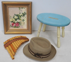 Lot 127 - Grp bamboo pan pipes, Luton straw hat, milking stool & framed stil
