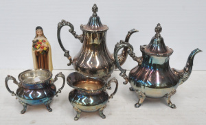 Lot 138 - Grp 4 x pce Rodd silver plate Tea Service & composite figure of M