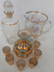 Lot 140 - Group lot gilded glass items, incl 1950s Liquor Decanter with 6 glasse