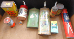 Lot 148 - Box lot Vintage Packaging, incl tins (talc, Mortein, Bon Ami, Nutmeg),