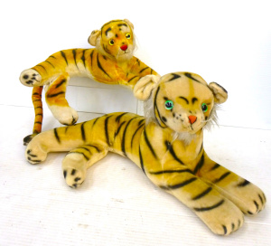 Lot 150 - 2 x 1960s Toy Velour Plush Recumbent Tigers, approx 40cm - 58 cm L
