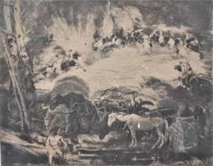 Lot 179 - Artist Unknown Framed c1900 Etching - Battle scene with Artillery in f