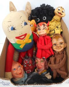 Lot 189 - Box of Hand-puppets and soft toys, incl Kamar Knee-hugging Devil and E