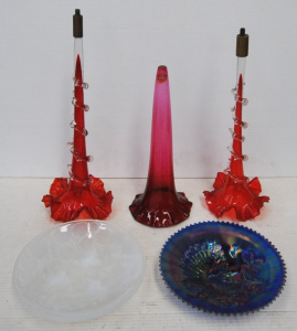 Lot 211 - Group Lot Vintage Glass - incl Peacock Carnival Glass, Opalescent Fren