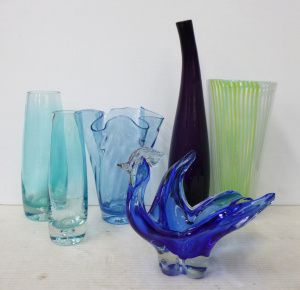 Lot 227 - Group lot of Art Glass Items inc, Vases - blue, teal, purple, striped