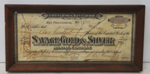 Lot 243 - Vintage Framed Stock Certificate for Savage Gold & Silver Mining C