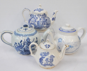 Lot 248 - 4 x Blue & White China Teapots incl Sadler & Others