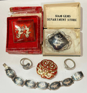 Lot 264 - Group Siam jewellery some marked Silver inc Brooches, red, black, red