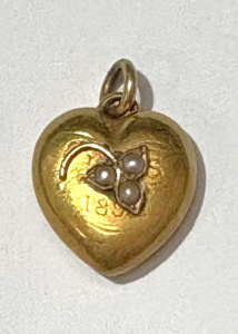 Lot 297 - c1900 small 9ct rose gold heart pendant with seed pearls, engraved ini