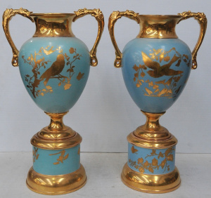 Lot 330 - Pair early 20th C impressive Rubian Art Pottery vases with plinths, bl